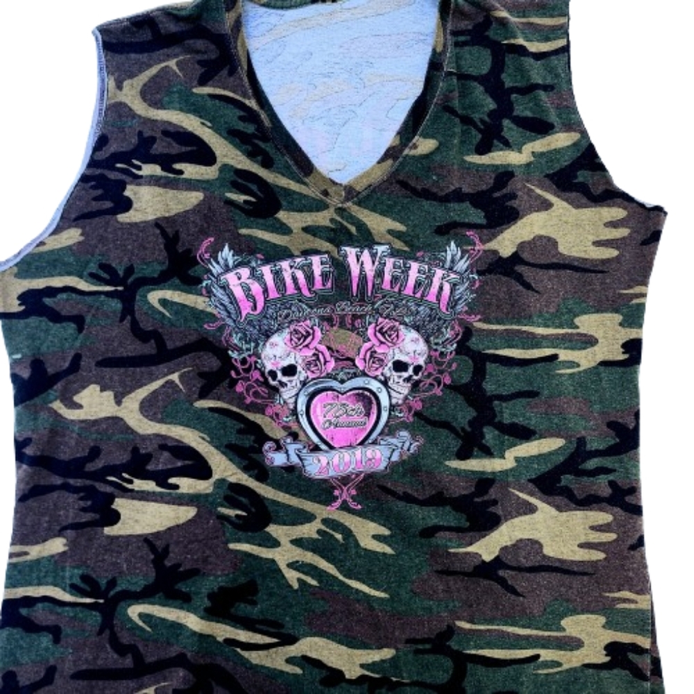 Womens XXL Camo 2019 Daytona Beach Biker Skull Rose Cotton Muscle Grunge Top